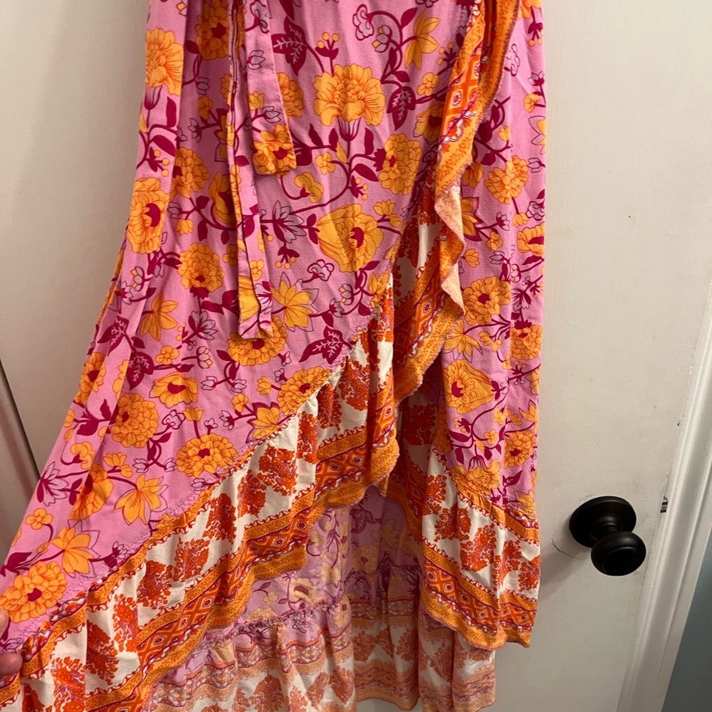 Vibrant Floral Midi Wrap Dress in Pink and Orange - Picture 3 of 3